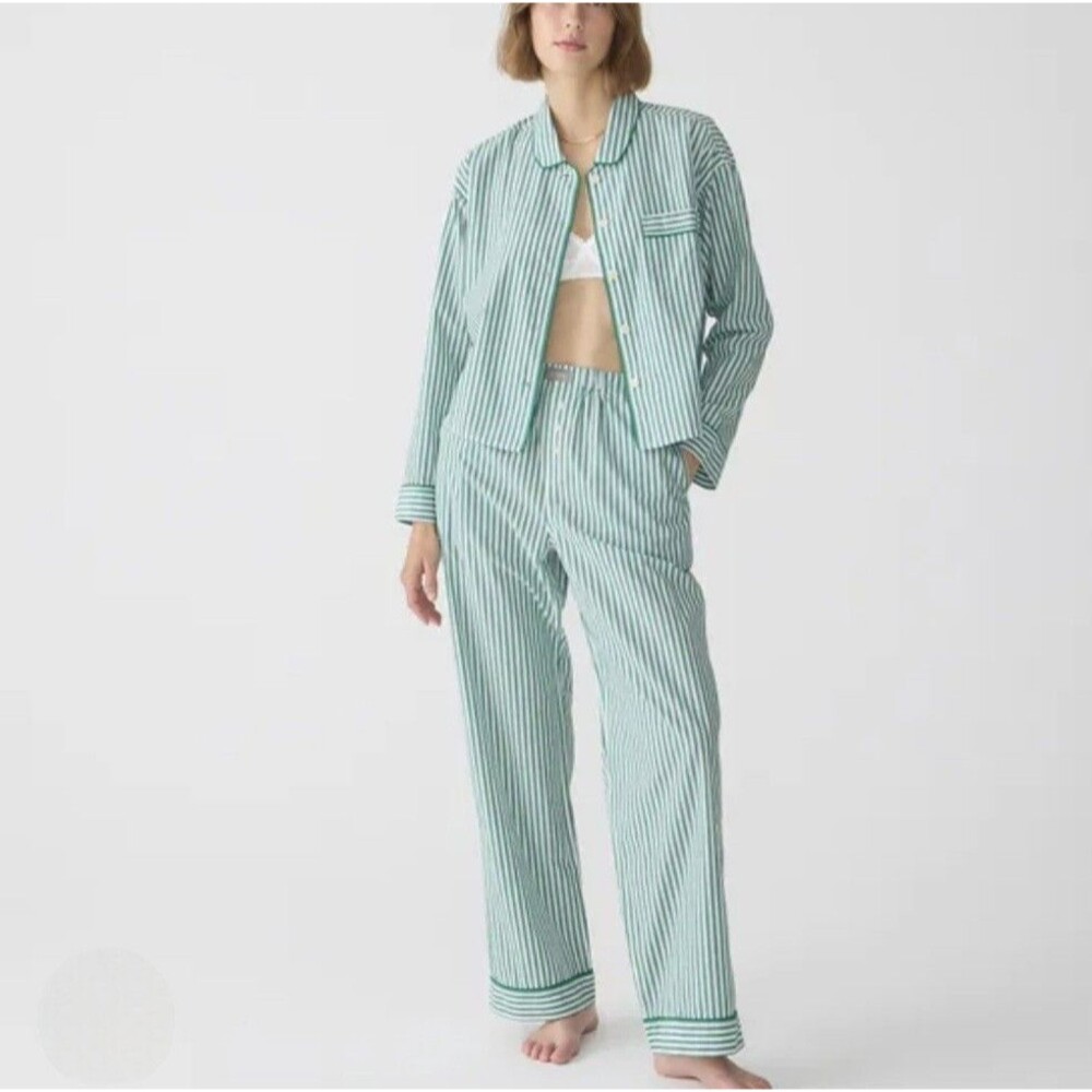 J. Crew Long Sleeve Cropped Pajama Set M Green Striped Cotton Poplin Loungewear